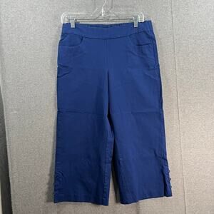 Isaac Mizrahi Live! Stretch Crop Wide Leg with Button Royal Navy Petite 12